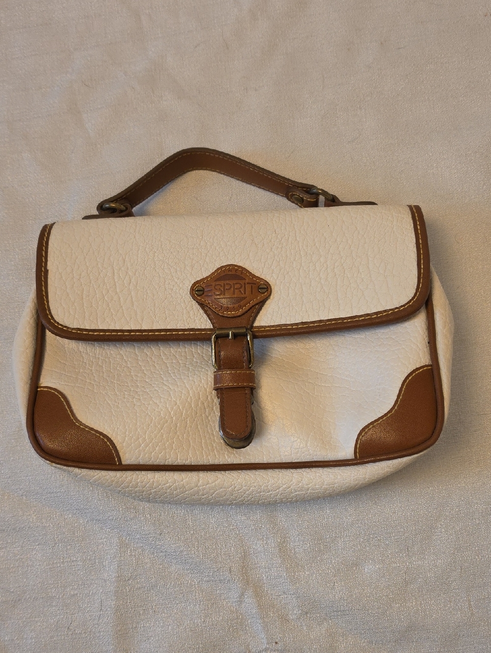 Esprit Cream and Brown Leatherette Top-Handle Satchel with Buckle Detail Closure
